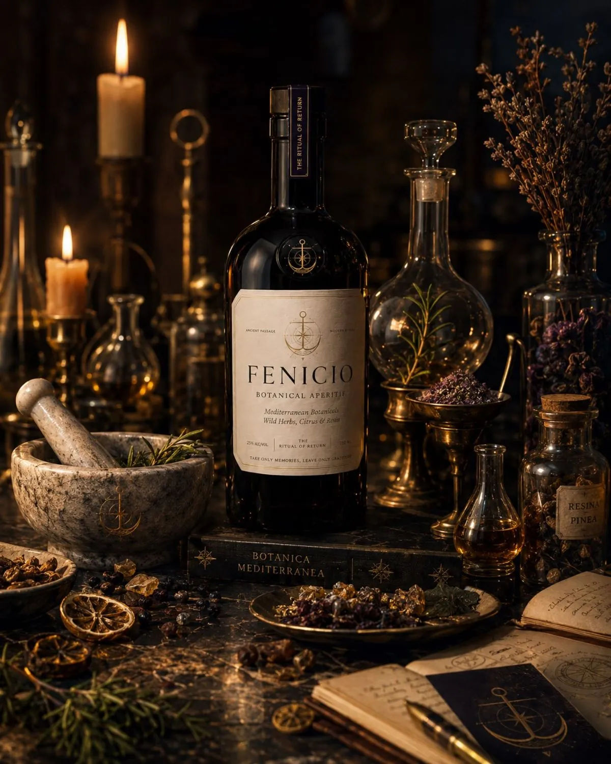 Candlelit bench with a Fenicio bottle, glass decanters, dried botanicals, and a stone mortar.