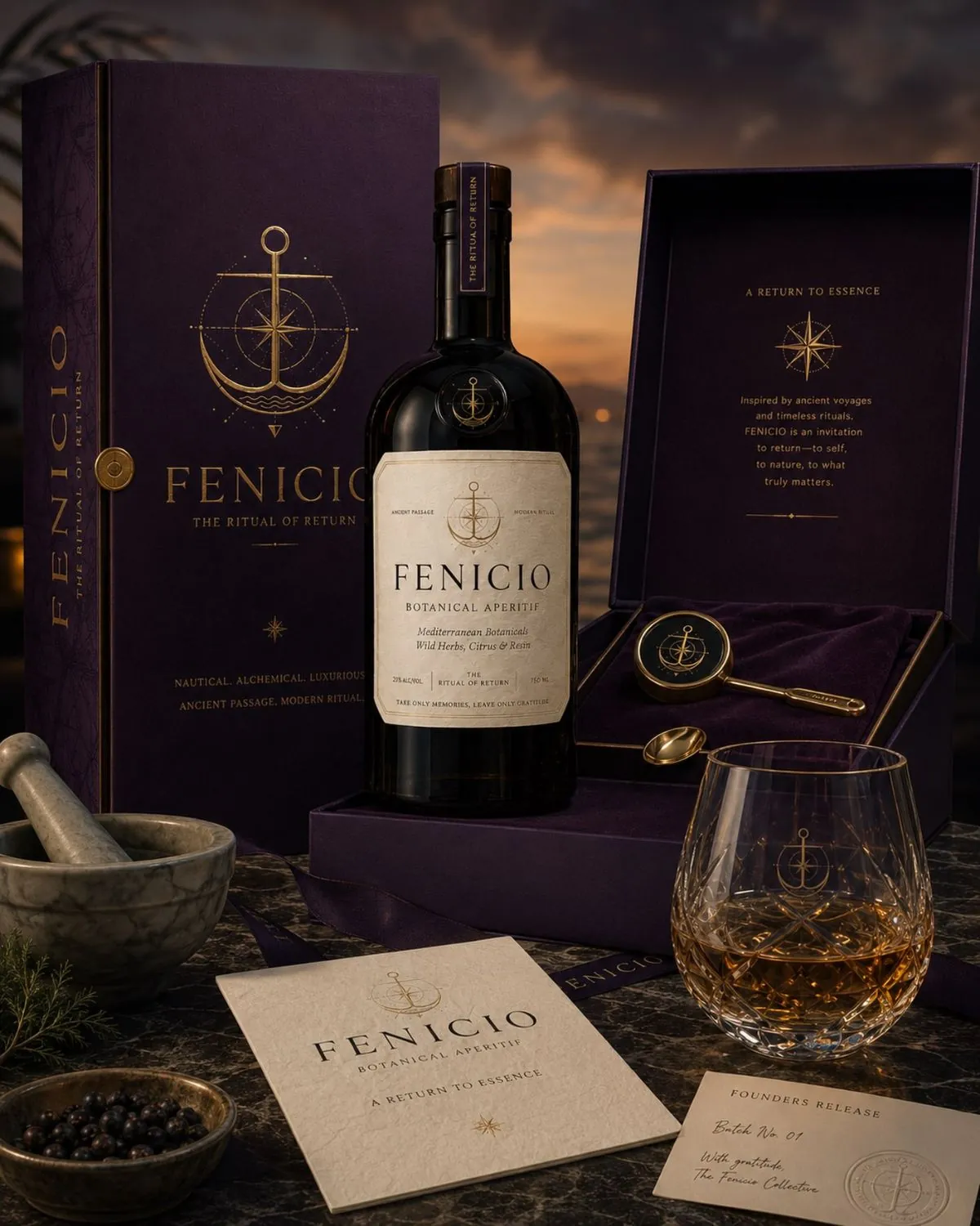 Fenicio presentation in Phoenician purple with cream paper and gold detail, beside a crystal glass and a stone mortar.