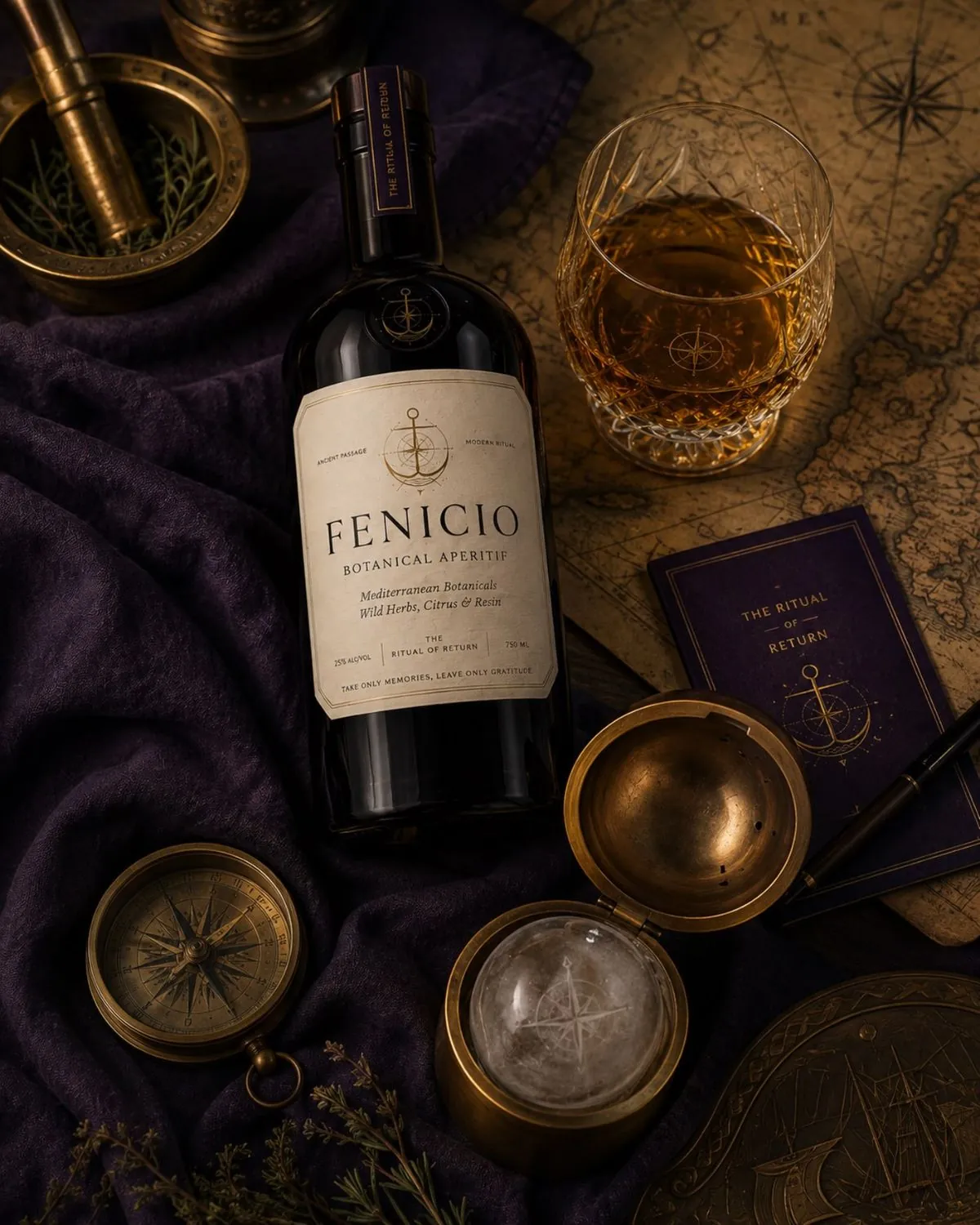 Amber Fenicio liquid in a crystal glass beside the bottle, laid over Phoenician purple cloth with a brass compass and an old chart.