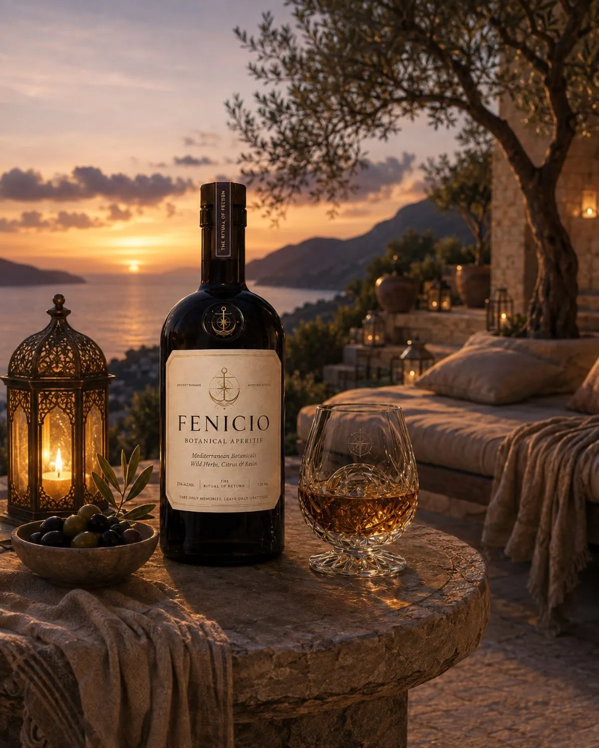 A Fenicio bottle and crystal glass on a stone terrace above the Mediterranean at dusk, an olive tree and lantern beside them.